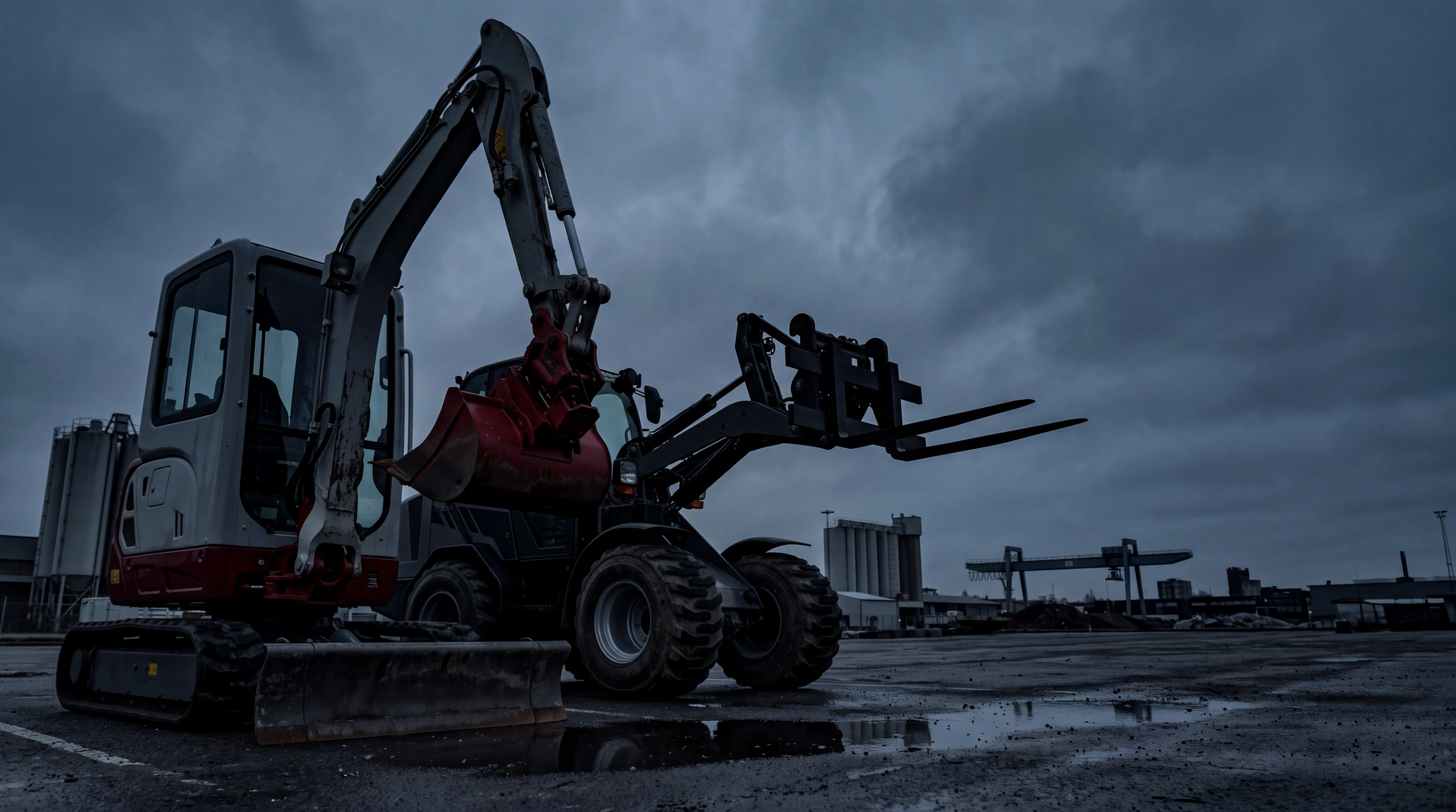 Takeuchi TB 216A und Radlader Schäffer 2430-2 in der Nacht